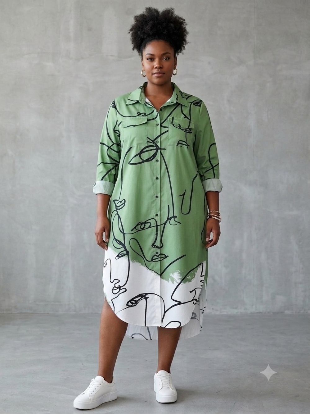 WoWo Abstract Face Print Shirt Dress